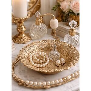 Vintage Italian Gold Filigree Bowl Hollywood Regency Rococo Vanity Tray
